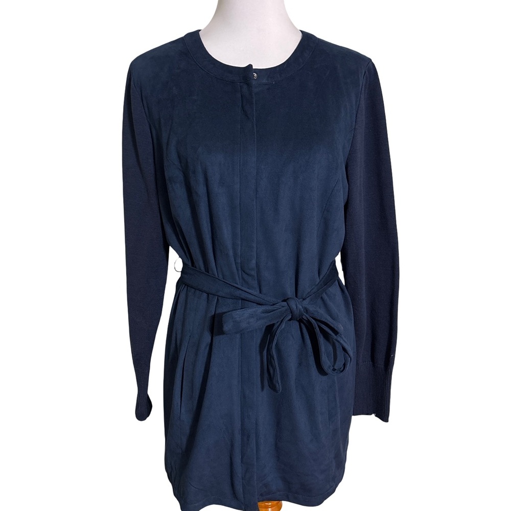 H by Halston Blue Belted Faux Suede Cardigan